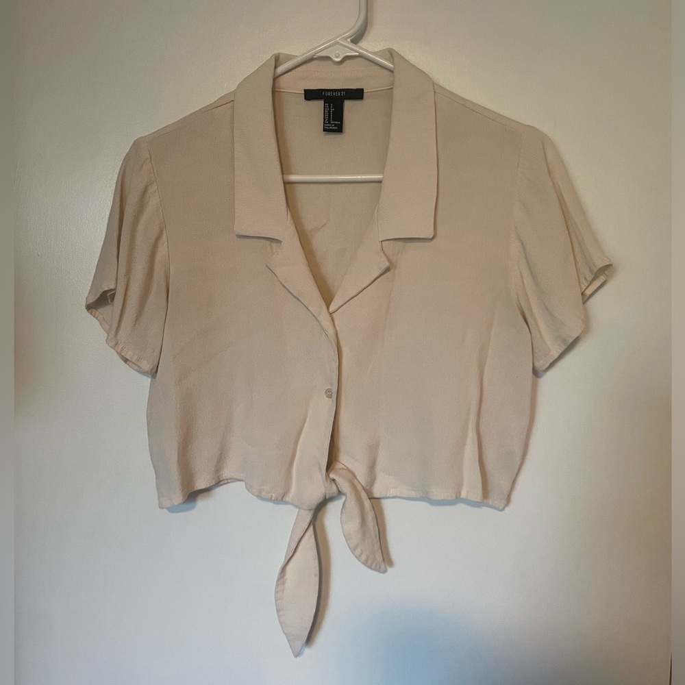 Forever 21 Cream Tie-Front Short Crop Sleeve Blouse